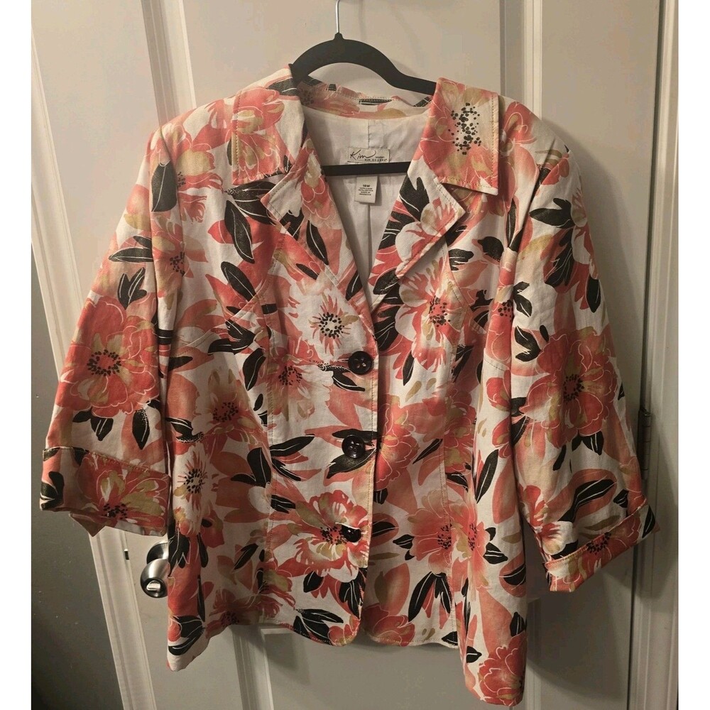 Kim Rogers Woman Blazer Floral Pink Black Linen/cotton Limed Sz 18w